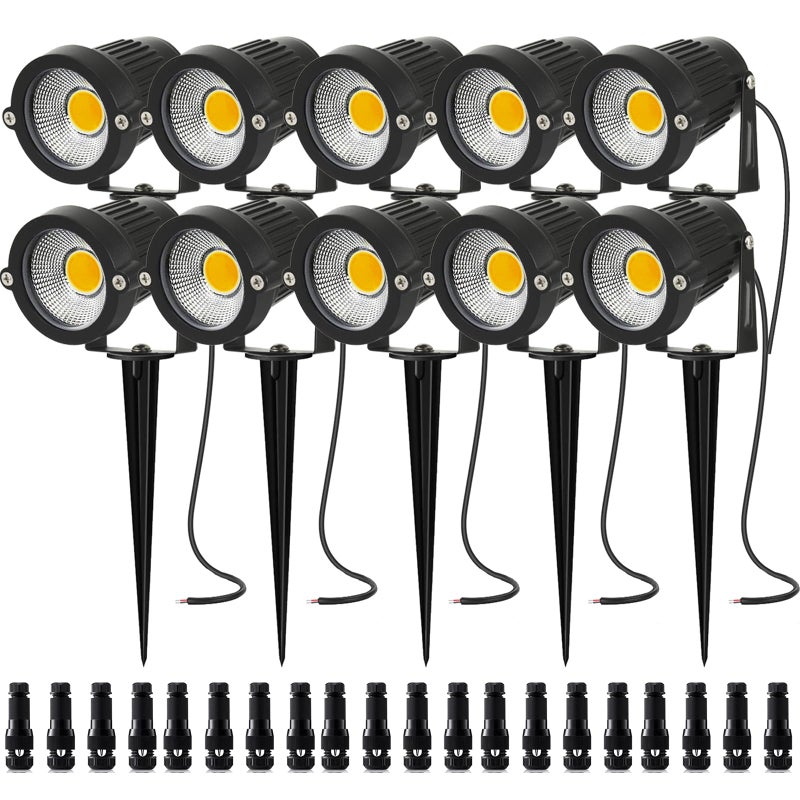 AHSELLUS 10 Pack Low Voltage Landscape Lights LED 5W Landscape Lighting with connectors AC/DC 12V-24V Outdoor Spotlight IP66 Waterproof Tree Flag Lights Warm White Spotlights for Yard Garden Pathway - Image 1